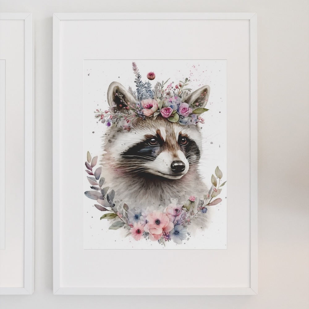 Cute Floral Raccoon Watercolor Wall Art Illustration Print Poster Unframed - Picture 6 of 6